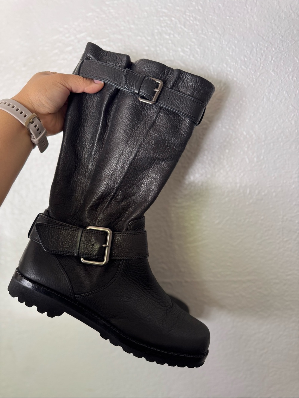 Black Leather Buckle Mid-Calf Boots